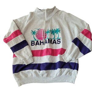 VTG 80s Sun Triangle Sweatshirt L Bahamas 1/4 Zip Drawstring USA Rainbow Unisex